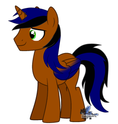 Size: 1155x1212 | Tagged: safe, artist:nightlightartz, oc, oc only, oc:surge navyheart, alicorn, pony, alicorn oc, colored wings, folded wings, full body, gradient wings, hooves, horn, male, overpowered, simple background, smiling, solo, stallion, standing, tail, transparent background, two toned mane, two toned tail, watermark, wings
