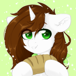 Size: 3000x3000 | Tagged: safe, artist:etoz, oc, oc only, oc:nyan, pony, unicorn, bandana, baton, bread, brown hair, brown mane, bust, colored pupils, cute, eye clipping through hair, eyebrows, eyebrows visible through hair, fangs, female, food, green eyes, happy, high res, holding, horn, long hair, long mane, mare, portrait, raised eyebrow, simple background, smiling, smirk, solo, unicorn oc, wingding eyes