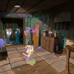 Size: 2000x2000 | Tagged: safe, artist:dddromm, pinkie pie, oc, oc:littlepip, oc:pinkie bell, oc:silver bell, oc:velvet remedy, earth pony, pony, unicorn, fallout equestria, g4, advertisement, balloon, butt, confetti, fanfic art, female, high res, mare, ministry of morale, paint, pinkie pie is watching you, pipbuck, plot, poster, propaganda, sad, sitting, sparkle cola
