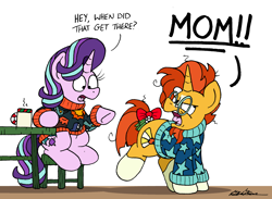 Size: 2208x1620 | Tagged: safe, artist:bobthedalek, starlight glimmer, sunburst, pony, unicorn, g4, blaze (coat marking), board game, bow, clothes, coat markings, dragon pit, facial markings, female, hearth's warming, implied stellar flare, male, mare, mistletoe, mothers gonna mother, mug, offscreen character, ship:starburst, shipper flare, shipper on deck, shipping, simple background, socks (coat markings), stallion, straight, sweater, tail, tail bow, that pony sure does want grandfoals, white background