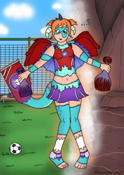 Size: 1024x1449 | Tagged: safe, artist:sparkbolt3020, princess ember, human, g4, ball, commission, dragon to human, female, soccer field, solo, story in the source, transformation, transformation sequence
