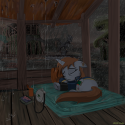 Size: 2000x2000 | Tagged: safe, artist:dddromm, oc, oc only, oc:littlepip, pony, unicorn, fallout equestria, butt, canteen, ears back, female, high res, mare, mattress, plot, ponyville, rain, ruins, sad, sleeping, solo, stable-tec