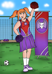 Size: 1024x1449 | Tagged: safe, artist:sparkbolt3020, princess ember, human, g4, backpack, cheerleader, cloud, commission, dragon to human, female, flag, humanized, pigtails, soccer field, solo, story in the source, transformation, transformation sequence