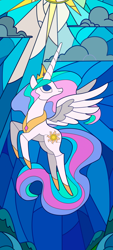 Size: 1080x2400 | Tagged: safe, artist:dddromm, princess celestia, alicorn, pony, g4, my little pony: the movie, canterlot, canterlot castle, female, mare, scene interpretation, solo, stained glass