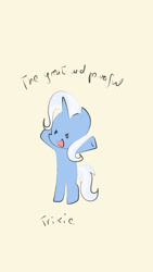 Size: 1080x1920 | Tagged: safe, artist:andromedasparkz, trixie, pony, unicorn, g4, chibi, female, mare, missing accessory, simple background, solo, yellow background