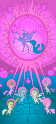 Size: 1080x2400 | Tagged: safe, artist:dddromm, applejack, fluttershy, nightmare moon, pinkie pie, rainbow dash, rarity, twilight sparkle, alicorn, earth pony, pegasus, pony, unicorn, g4, canterlot, canterlot castle, female, mane six, mare, stained glass