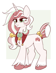 Size: 538x690 | Tagged: safe, artist:lulubell, oc, oc only, oc:winter candy apple, pony, unicorn, bell, chest fluff, concave belly, female, freckles, mare, short tail, smiling, solo, tail, unshorn fetlocks
