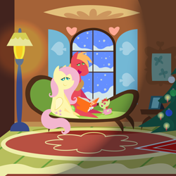 Size: 2160x2160 | Tagged: safe, anonymous artist, big macintosh, fluttershy, oc, oc:late riser, earth pony, pegasus, pony, series:fm holidays, series:hearth's warming advent calendar 2022, g4, advent calendar, baby, baby pony, bedtime story, book, christmas, christmas tree, clothes, colt, family, female, fluttershy's cottage, foal, footed sleeper, footie pajamas, high res, holiday, hoof hold, lineless, male, mare, offspring, pajamas, parent:big macintosh, parent:fluttershy, parents:fluttermac, pointy ponies, reading, ship:fluttermac, shipping, sitting, stallion, story time, straight, tree