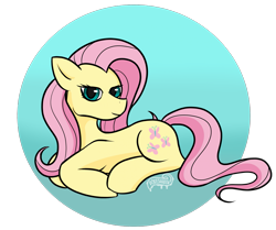Size: 2099x1756 | Tagged: safe, artist:pokeshadow, fluttershy, earth pony, pony, g4, alternate universe, fanart, looking at you, lying down, race swap, simple background, transparent background, wingless