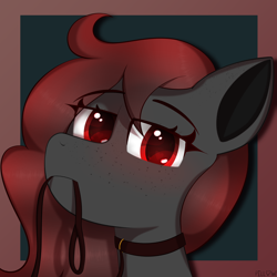 Size: 3000x3000 | Tagged: safe, artist:pillow, oc, oc only, oc:enya, pony, bust, collar, cute, doe, eye clipping through hair, female, freckles, heart, heart eyes, high res, leash, looking at you, red background, red eyes, red hair, simple background, solo, staring at you, wingding eyes