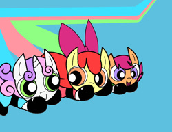 Size: 1400x1080 | Tagged: safe, artist:andromedasparkz, apple bloom, scootaloo, sweetie belle, earth pony, pegasus, pony, unicorn, g4, cutie mark crusaders, female, filly, foal, the powerpuff girls, trio