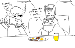 Size: 1224x784 | Tagged: safe, artist:tjpones, oc, oc only, oc:anon-mare, oc:jargon scott, earth pony, pony, bacon, black and white, dialogue, diner, drink, duo, female, food, fried egg, grayscale, hat, hoof hold, juice, male, mare, meat, monochrome, orange juice, partial color, stallion, sunglasses, waitress