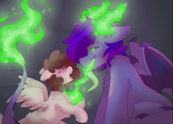 Size: 2800x2000 | Tagged: safe, artist:puppie, oc, oc only, oc:puppie, oc:radagast, oc:raevyn, demon, demon pony, pegasus, pony, blushing, duo, eye contact, fetish, fire, glowing, glowing eyes, glowing horns, green eyes, green magic, high res, horns, long tail, long tongue, looking at each other, looking at someone, simple background, soul, soul vore, tail, tongue out, vore