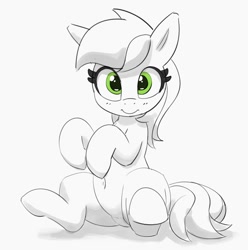 Size: 1192x1200 | Tagged: safe, artist:pabbley, roseluck, earth pony, pony, g4, belly button, grayscale, looking at you, monochrome, partial color, simple background, sitting, smiling, smiling at you, solo, white background