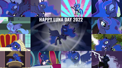 Size: 1978x1113 | Tagged: safe, edit, edited screencap, editor:quoterific, screencap, princess luna, alicorn, pony, a royal problem, between dark and dawn, do princesses dream of magic sheep, for whom the sweetie belle toils, friendship is magic, g4, luna eclipsed, princess spike, princess twilight sparkle (episode), sleepless in ponyville, sparkle's seven, the beginning of the end, the crystal empire, to where and back again, 2022, cape, clothes, eyes closed, female, lightning, looking at you, mare, offscreen character, offscreen female, one eye closed, open mouth, s1 luna, solo, wink, winking at you