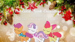 Size: 1920x1080 | Tagged: safe, edit, apple bloom, scootaloo, sweetie belle, earth pony, pegasus, pony, unicorn, g4, christmas, clothes, cutie mark crusaders, eyes closed, female, filly, foal, holiday, ice skates, ornament, pinecone, scarf, snow, snowfall, striped scarf, trio, winter