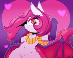 Size: 2500x2000 | Tagged: safe, artist:lockheart, oc, oc:arrhythmia, bat pony, pony, bat pony oc, bedroom eyes, belly button, clothes, evening gloves, eyeshadow, female, floating heart, gloves, heart, heart background, high res, long gloves, makeup, mare, pubic fluff, scarf, solo, spread wings, striped scarf, wide hips, wings