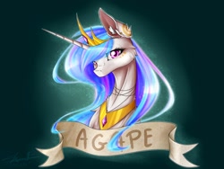 Size: 2000x1500 | Tagged: safe, artist:schizophrenicfox, part of a set, princess celestia, alicorn, pony, g4, 2021, banner, bust, cheek fluff, chest fluff, crown, jewelry, old art, peytral, regalia, solo