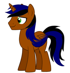 Size: 1155x1212 | Tagged: safe, artist:nightlightartz, oc, oc only, oc:surge navyheart, alicorn, pony, alicorn oc, colored wings, folded wings, full body, gradient wings, hooves, horn, male, overpowered, simple background, smiling, solo, stallion, standing, tail, transparent background, two toned mane, two toned tail, wings