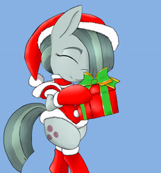 Size: 2255x2434 | Tagged: safe, artist:a.s.e, marble pie, earth pony, pony, g4, bipedal, blue background, christmas, christmas stocking, cute, female, happy, hat, high res, holiday, marblebetes, mare, present, santa hat, simple background, smiling, solo