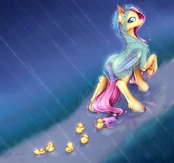 Size: 4096x3841 | Tagged: safe, artist:schizophrenicfox, fluttershy, bird, duck, pegasus, pony, g4, 2021, clothes, colored hooves, colored wings, cute, duckling, female, grass, looking back, mare, old art, path, rain, raincoat, raised hoof, see-through, solo, two toned wings, underhoof, water, wings