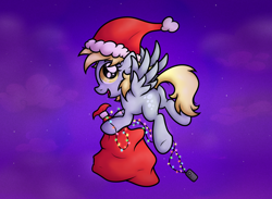Size: 2760x2017 | Tagged: safe, artist:background basset, derpy hooves, pegasus, pony, g4, bag, christmas, christmas lights, flying, hat, high res, holiday, night, santa hat, spread wings, wings