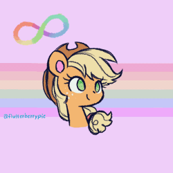 Size: 800x800 | Tagged: safe, artist:flutterberrypie, applejack, earth pony, pony, g4, animated, applejack's hat, ask, autism, bust, colored pinnae, cowboy hat, cute, ear flick, female, freckles, gif, hat, headcanon, infinity symbol, jackabetes, mare, neurodivergent, neurodivergent headcanon, no pupils, open mouth, portrait, pride flag, rainbow flag, silly, silly pony, solo, stimming, who's a silly pony