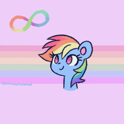Size: 800x800 | Tagged: safe, alternate version, artist:flutterberrypie, rainbow dash, pegasus, pony, g4, animated, ask, autism, bust, colored pinnae, cute, dashabetes, ear flick, female, gif, headcanon, infinity symbol, mare, neurodivergent, neurodivergent headcanon, no pupils, portrait, pride flag, rainbow flag, raspberry, silly, silly pony, solo, stimming, tongue out