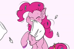 Size: 3000x2000 | Tagged: safe, artist:schizophrenicfox, pinkie pie, earth pony, pony, g4, eyes closed, feather, high res, mouth hold, pillow, pillow fight, simple background, solo, white background, youtube link