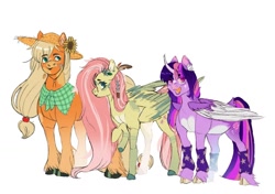 Size: 1613x1136 | Tagged: safe, artist:ametff3, applejack, fluttershy, twilight sparkle, alicorn, earth pony, pegasus, pony, g4, curved horn, female, hat, horn, simple background, twilight sparkle (alicorn), unshorn fetlocks, white background