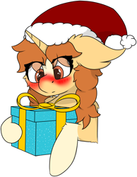 Size: 4753x6129 | Tagged: safe, artist:skylarpalette, oc, oc only, oc:morning latte, pony, unicorn, blushing, bow, christmas, coat markings, commission, cute, female, fluffy, hat, holiday, horn, looking down, mare, present, santa hat, simple background, socks (coat markings), solo, surprised, transparent background, unicorn oc, ych result