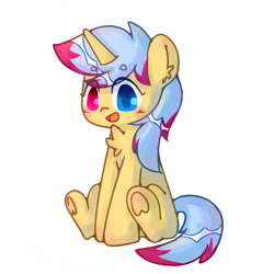 Size: 3543x3543 | Tagged: safe, artist:cro, oc, oc only, oc:galaxy chaos, pony, unicorn, 2023 community collab, derpibooru community collaboration, chest fluff, female, heterochromia, high res, hoof heart, simple background, sitting, solo, transparent background, underhoof