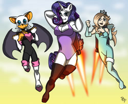 Size: 992x806 | Tagged: safe, artist:ddpeterson, rarity, bat, human, unicorn, anthro, g4, bodysuit, breasts, clothes, female, flying, jetpack, jumpsuit, leotard, princess rosalina, rosalina, rouge the bat, sonic the hedgehog (series), super mario bros., trio, trio female, unitard