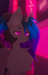 Size: 2579x4003 | Tagged: safe, alternate version, artist:rofu, oc, oc only, oc:efri, pony, unicorn, city, female, glowing, glowing eyes, neon, night, street