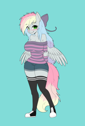 Size: 2560x3768 | Tagged: safe, artist:tomi_ouo, oc, oc only, oc:blazey sketch, pegasus, anthro, plantigrade anthro, big breasts, bow, breasts, busty oc, cleavage, clothes, commission, converse, full body, green eyes, grey fur, hair bow, high res, large butt, long hair, long tail, looking at you, multicolored hair, off shoulder, off shoulder sweater, pegasus oc, shoes, shorts, shy, simple background, small wings, smiling, smiling at you, socks, sweater, tail, thigh highs, wings, zettai ryouiki
