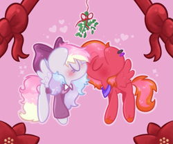 Size: 1043x872 | Tagged: safe, artist:typhwosion, oc, oc:blazey sketch, oc:lucas reins, pegasus, pony, bandana, bow, clothes, commission, couple, duo, gift art, hair bow, kissing, long hair, mistletoe, multicolored hair, oc x oc, pegasus oc, piercing, pink background, shipping, simple background, sweater, ych result