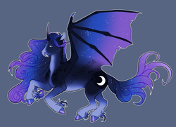 Size: 3017x2190 | Tagged: safe, artist:toshitoki, princess luna, alicorn, bat pony, bat pony alicorn, pony, g4, alternate design, bat wings, colored hooves, curved horn, ethereal mane, fangs, female, gray background, high res, horn, mare, redesign, simple background, solo, starry mane, starry wings, unshorn fetlocks, watermark, wings