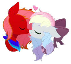 Size: 3000x2708 | Tagged: safe, artist:belka-sempai, oc, oc only, oc:blazey sketch, oc:lucas reins, pegasus, pony, bandana, bow, bust, clothes, couple, gift art, hair bow, heart, high res, long hair, multicolored hair, nuzzling, piercing, portrait, simple background, sweater, transparent background