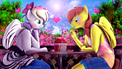 Size: 3840x2160 | Tagged: safe, artist:shadowuwu, oc, oc only, oc:blazey sketch, oc:rory kenneigh, pegasus, anthro, 3d, big breasts, blue eyes, blushing, breasts, brown mane, clothes, couple, denim, detailed background, duo, female, food, green eyes, grey fur, heart, high res, ice cream, jeans, looking at each other, looking at someone, male, multicolored hair, pants, pegasus oc, shirt, shorts, source filmmaker, tank top, yellow fur