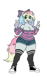 Size: 907x1509 | Tagged: safe, artist:artistbrogan, oc, oc only, oc:blazey sketch, pegasus, anthro, plantigrade anthro, big breasts, bow, breasts, clothes, converse, double peace sign, gift art, green eyes, grey fur, hair bow, large butt, long hair, long tail, multicolored hair, off shoulder, off shoulder sweater, peace sign, pegasus oc, shoes, shorts, simple background, socks, sweater, tail, thigh highs, white background