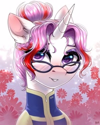 Size: 2000x2500 | Tagged: safe, artist:hakaina, oc, oc only, pony, unicorn, clothes, ear fluff, glasses, high res, horn, solo, unicorn oc