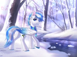 Size: 2700x2000 | Tagged: safe, artist:hakaina, oc, oc only, oc:saphirblau, pegasus, pony, beautiful, butt, clothes, crepuscular rays, forest, high res, pegasus oc, plot, raised hoof, river, scarf, slender, snow, solo, stream, striped scarf, thin, water, winter