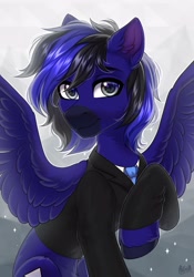 Size: 2100x3000 | Tagged: safe, artist:hakaina, oc, oc only, pegasus, pony, clothes, ear fluff, high res, looking at you, pegasus oc, raised hoof, slender, smiling, smiling at you, solo, thin