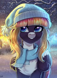 Size: 2000x2700 | Tagged: safe, artist:hakaina, oc, oc only, oc:sunrise virtue, pegasus, pony, clothes, coat markings, countershading, facial markings, female, folded wings, hat, high res, mare, pale belly, pegasus oc, scarf, smiling, snip (coat marking), snow, snowfall, snowflake, solo, wings