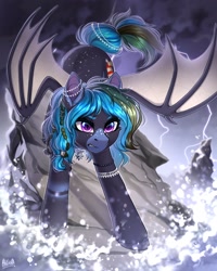 Size: 2000x2500 | Tagged: safe, artist:hakaina, oc, oc only, bat pony, pony, angry, bat pony oc, high res, jewelry, lightning, solo, storm, unshorn fetlocks, water