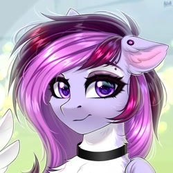 Size: 2000x2000 | Tagged: safe, artist:hakaina, oc, oc only, pegasus, pony, bust, collar, ear fluff, high res, looking at you, pegasus oc, piercing, smiling, smiling at you, solo