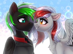 Size: 2700x2000 | Tagged: safe, artist:hakaina, oc, oc only, pegasus, pony, blushing, chest fluff, clothes, duo, ear fluff, folded wings, high res, looking at each other, looking at someone, necktie, pegasus oc, smiling, spread wings, suit, wings