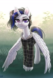 Size: 2100x3100 | Tagged: safe, artist:hakaina, oc, oc only, alicorn, pony, alicorn oc, clothes, high res, horn, looking at you, solo, spread wings, wings