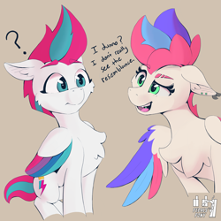 Size: 3035x3035 | Tagged: safe, artist:pedalspony, zipp storm, oc, oc:pedals, pegasus, pony, g5, adorazipp, beige background, cheek fluff, chest fluff, colored wings, concave belly, cute, dialogue, duo, ear piercing, ear tufts, eyebrow slit, eyebrows, female, floppy ears, folded wings, freckles, high res, look-alike, looking at each other, looking at someone, not zipp storm, one wing out, open mouth, pegasus oc, piercing, quadrupedal, question mark, simple background, sitting, slender, talking, teeth, thin, three quarter view, tongue out, tongue piercing, wings