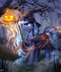 Size: 2350x2800 | Tagged: safe, artist:hakaina, oc, oc only, pony, unicorn, beautiful, cape, clothes, depth of field, forest, halloween, hat, high res, holiday, hoof fluff, horn, jack-o-lantern, lantern, leg hold, lighting, long mane, long tail, looking at you, pale belly, pumpkin, smiling, smiling at you, solo, tail, tree, unicorn oc, unshorn fetlocks, witch hat